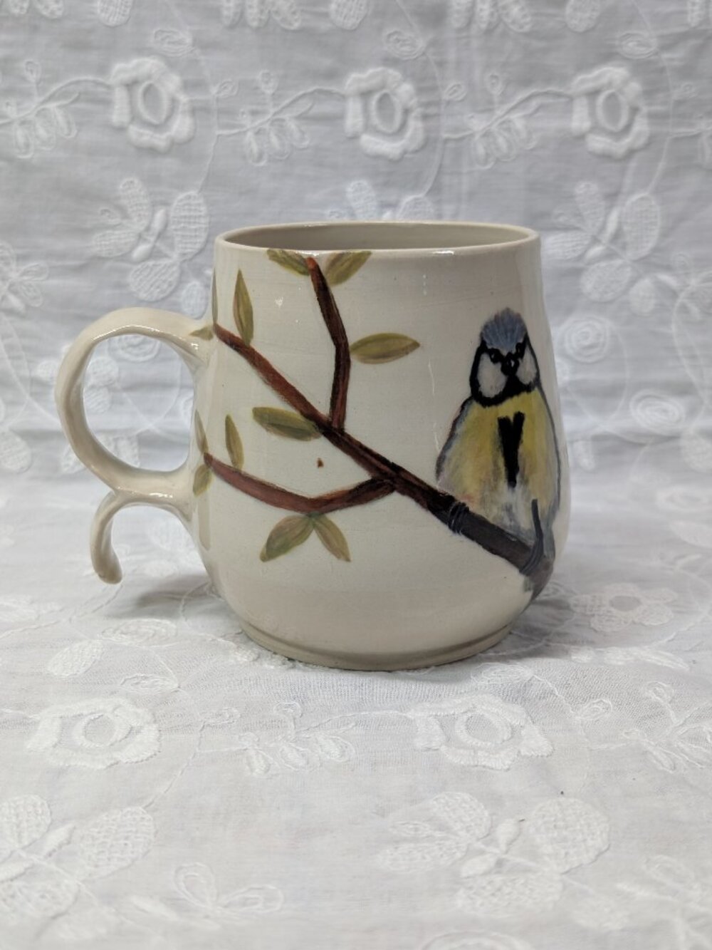 Large Coffee Mug with Blue Tit Bird & a Unique Handle